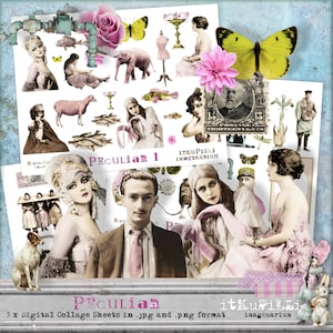May include: Three digital collage sheets featuring a diverse range of images, including a pink elephant, a butterfly, a fish, a woman in a pink dress, a man with a pink tie, a woman with a pink scarf, and a woman in a pink dress. The sheets are labelled "Peculiar 1" and "Peculiar".