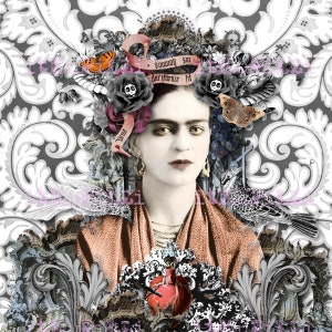 Frida BlackNWhite - Digital Sheet zum Ausdrucken auf Papier, Stoff. Bügelaufbügeln für Tragetaschen, T-Shirts, Kissen etc. Sofortiger Download.