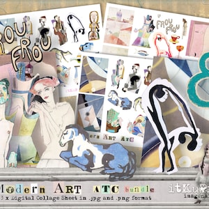 May include: A digital collage sheet with a modern art theme. The sheet features a variety of images, including abstract shapes, figures, and animals. The sheet is titled "Le Frou Frou" and is part of an ATC bundle. The sheet is available in both JPG and PNG format.
