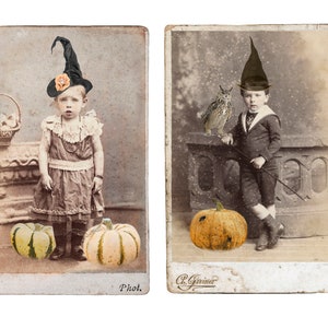 Fotos antiguas de Halloween 1 - Brujas con calabazas - Hoja de collage digital - jpg y png - Imprimible, descarga instantánea