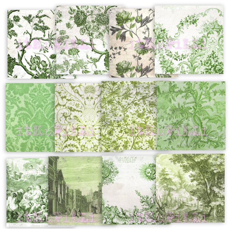 Floral Damask Toile Green Papers Backgrounds 12 X Etsy