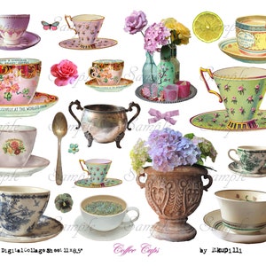 Tasses à café - feuille de collage numérique - jpg et png - imprimable, téléchargement immédiat