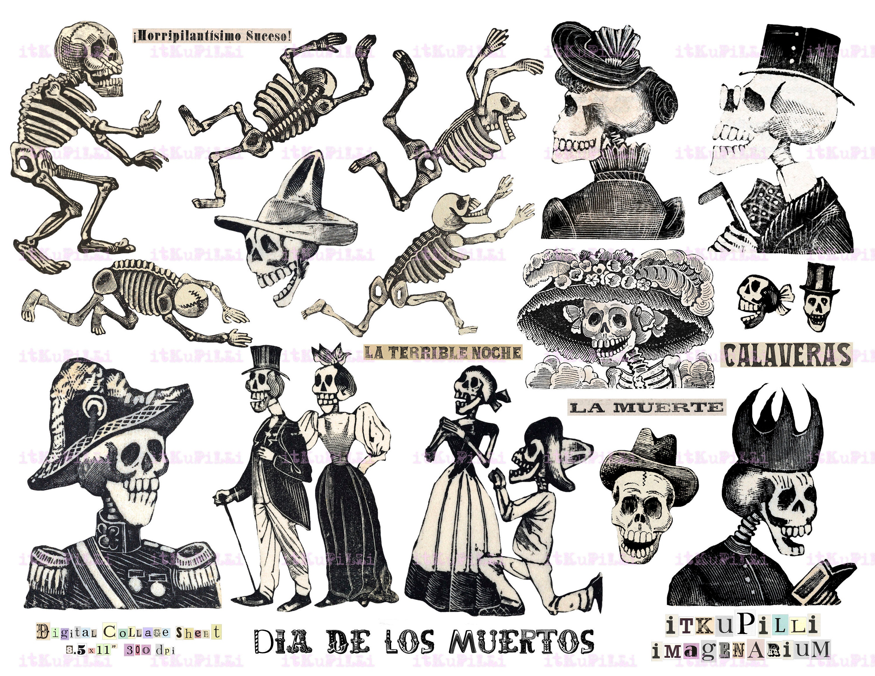 Dia De Los Muertos - Day of the Dead - Skull, Skeleton - Digital Collage Sheet - jpg and png - Printable, instant download