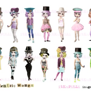 Pode incluir: Uma colagem digital de 14 mulheres com diferentes penteados e roupas, cada uma com um chapéu único. Todas as mulheres estão sorrindo e olhando para a câmera. O fundo é branco. O texto "Eccentric Women" está na parte inferior da imagem.