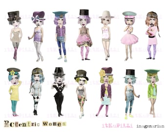Eccentric Women - ATC sized Characters  - Digital Collage Sheet - jpg and png - Printable, instant download