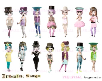 Eccentric Women - ATC sized Characters  - Digital Collage Sheet - jpg and png - Printable, instant download