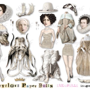 May include: A set of paper dolls featuring a variety of outfits and accessories. The dolls are dressed in vintage-inspired clothing, including a white dress with a ruffled collar, a brown dress with a lace overlay, and a white dress with a black belt. The accessories include a white hat, a crown, and a pair of antlers.