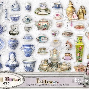 Casa delle bambole ecc. - Stoviglie - Miniatura - png e jpg - Foglio di collage digitale stampabile, download immediato