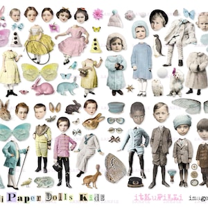 Mini Paper Dolls Kids  -  ATC sized Characters  - Digital Collage Sheet - jpg and png - Printable, instant download