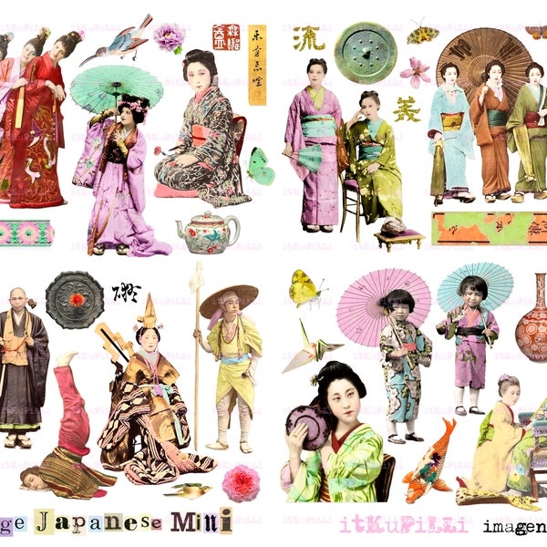 Vintage Japanese Mini - ATC sized Characters  - Digital Collage Sheet - jpg and png - Printable, instant download