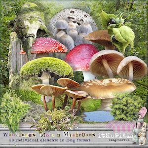 Woodlands Moss N Pilze -20 einzelne große PNG-Dateien - druckbar, sofortiger Download