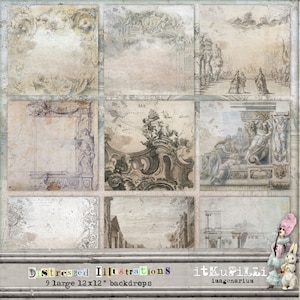 May include: Nine distressed digital backgrounds in a collage. Each background is a different vintage illustration with a faded, aged look. The illustrations include architectural details, cityscapes, and ornate frames. The text "Distressed Illustrations" and "9 large 12x12" backdrops" is at the bottom of the collage. The text "itKupilizi imagenarium" is at the bottom right of the collage.