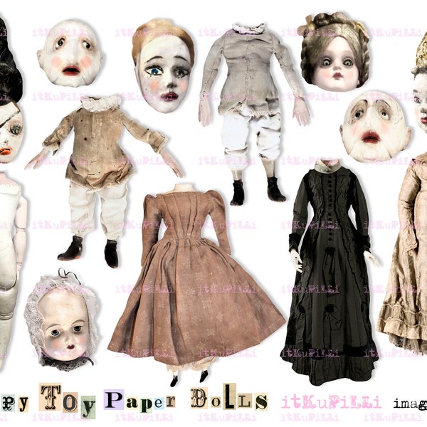 Creepy Toy Paper Dolls - Halloween - Digital Collage Sheet - jpg and png - Printable, instant download