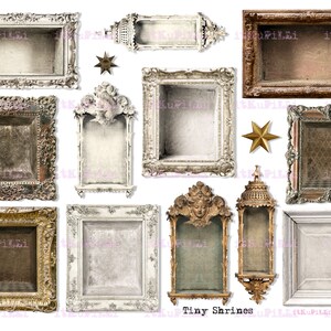 Puede incluir: Una colección de diez marcos de fotos ornamentados en varios estilos y colores, incluyendo oro, plata y blanco. Los marcos están dispuestos en una cuadrícula sobre un fondo blanco. El texto "Tiny Shrines" está impreso debajo de los marcos.