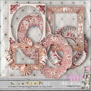 Rote und weiße Rahmen - Individuelle Dateien - Digitale Collagen, Journaling und Scrapbook Kit - zum sofortigen Download