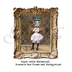May include: A whimsical paper doll with a blue and gold helmet, wearing a white dress and holding a bouquet of flowers. The doll is framed in a gold ornate frame with a patterned background.