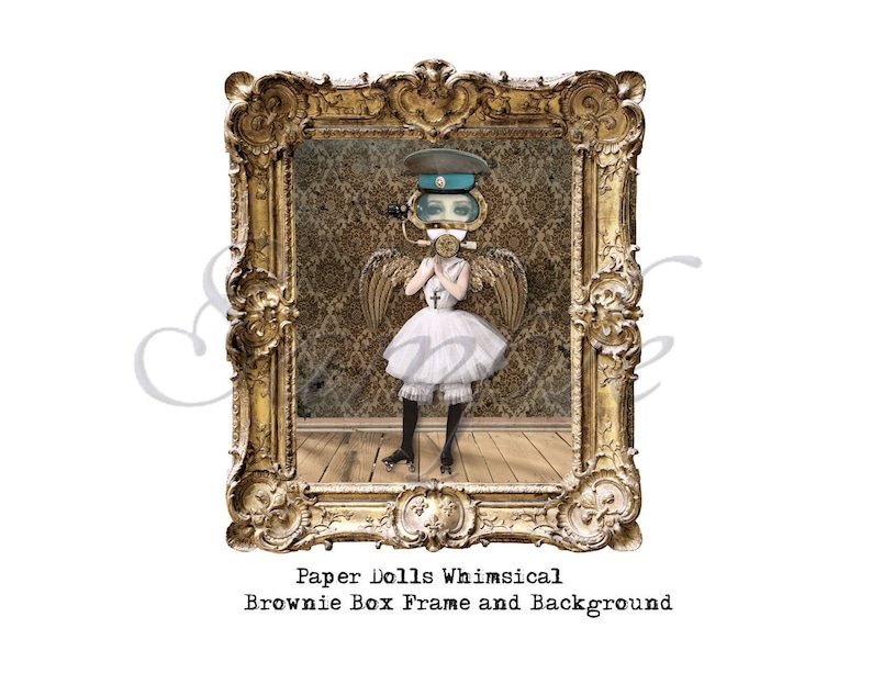 May include: A whimsical paper doll with a blue and gold helmet, wearing a white dress and holding a bouquet of flowers. The doll is framed in a gold ornate frame with a patterned background.