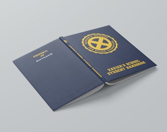 May include: A blue student handbook with the text "XAVIER'S SCHOOL STUDENT HANDBOOK" on the cover. The front cover also features a yellow circle with the text "XAVIER'S SCHOOL FOR GIFTED YOUNGSTERS" and an X inside the circle.