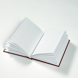 May include: An open notebook with lined pages and a dark red cover. The notebook is lying flat on a white surface.