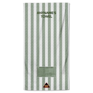 May include: A white and green striped towel with the text "ANYNAME'S TOWEL" at the top. The towel has a repeating heart pattern and a list of "MASSIVELY USEFUL USES" at the bottom, along with a logo.