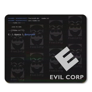 May include: A black and white mouse mat with a repeating pattern of a stylised face with a beard and the word "Fsociety". The mouse mat also features a white letter "E" in a diamond shape and the text "EVIL CORP".