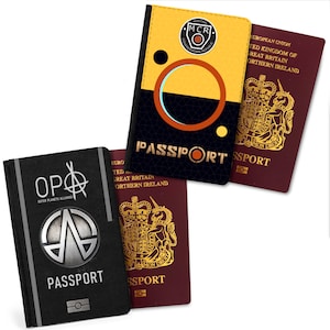 May include: Three passport covers, one black with a silver logo and the text "OP OUTER PLANETS ALLIANCE PASSPORT", one red with a gold crown and the text "EUROPEAN UNION UNITED KINGDOM OF GREAT BRITAIN NORTHERN IRELAND PASSPORT", and one black with a yellow and orange circle and the text "MARTIAN CONGRESSIONAL REPUBLIC PASSPORT".