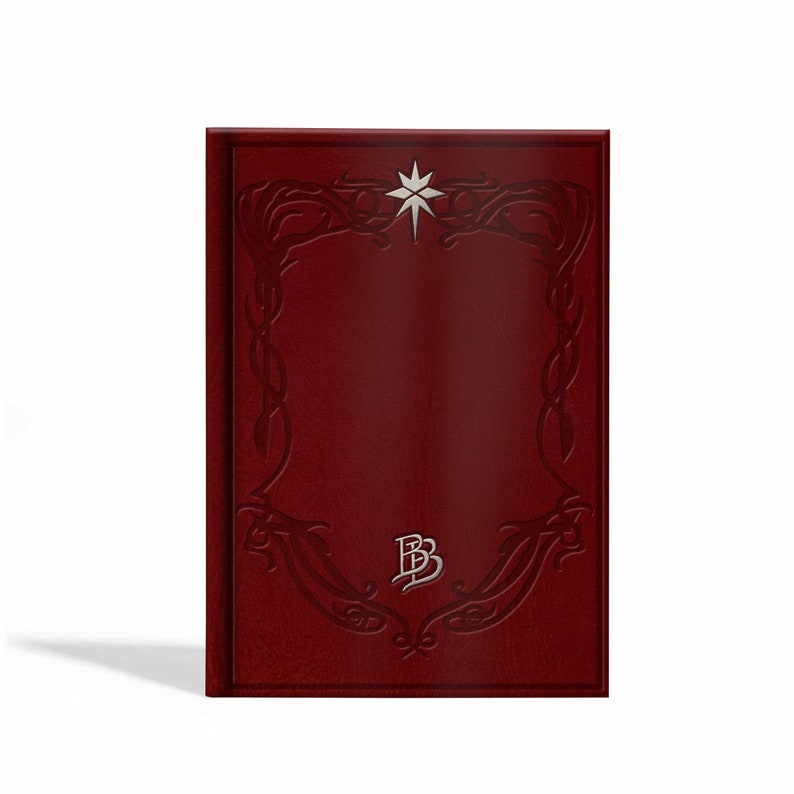 May include: A red leather-bound journal with a silver star and the letter "B" embossed on the cover.