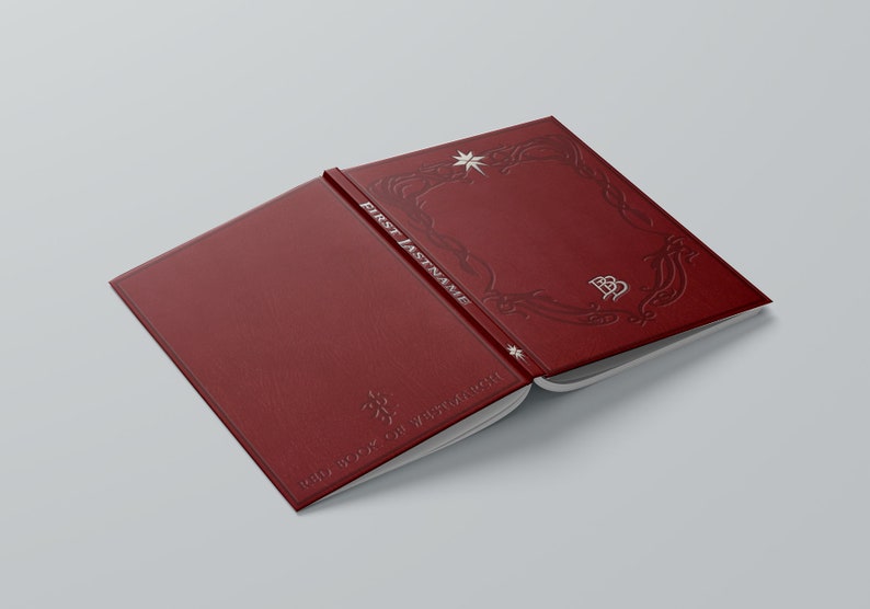 May include: A red leather-bound book with the title "The Book of Whimsy" and the name "FIRST LASTNAME" embossed on the cover. The book is open to reveal an ornate design on the inside cover.