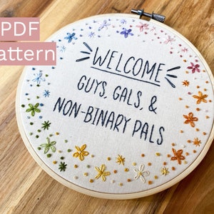 Embroidery PDF Pattern, Welcome Pals, Rainbow Embroidery, Pride Embroidery, Flower Embroidery, Gay Pride, Pride Flag, Non Binary