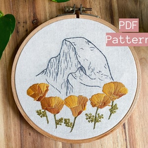 Embroidery PDF Pattern, Half Dome, Hand Embroidery Pattern, California Gift, Yosemite National Park, California Poppy, Mountain Embroidery