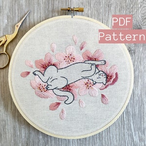 Embroidery PDF Pattern, Sakura Neko, Cherry Blossom Embroidery, Cat Embroidery Pattern, Sakura Blossom, Japan Inspired, Flower Embroidery image 1