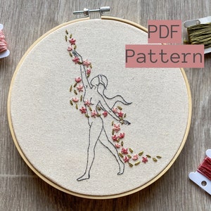 May include: An embroidery hoop featuring a line drawing of a figure decorated with pink flowers and green leaves. The text "PDF Pattern" is overlaid. Spools of pink, green, and red thread are placed around the hoop.