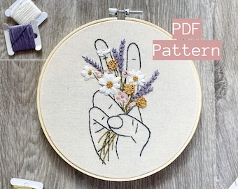 Embroidery PDF Pattern, Wild Hippie, Flower Embroidery Pattern, Embroidery Hoop, Wildflower, DIY Nursery, Peace Sign Pattern