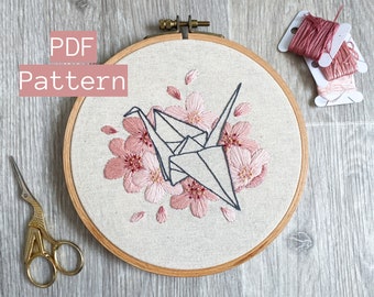 Embroidery PDF Pattern, Paper Crane Embroidery, Cherry Blossom Embroidery, Flower Hand Embroidery, Origami, Sakura Blossom, Japan Inspired