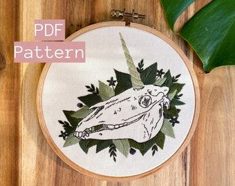 Embroidery PDF Pattern, Unicorn Skull, Hand Embroidery Pattern, Witch Embroidery, Unicorn Embroidery, Skull Embroidery, Halloween DIY