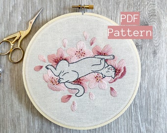 Embroidery PDF Pattern, Sakura Neko, Cherry Blossom Embroidery, Cat Embroidery Pattern, Sakura Blossom, Japan Inspired, Flower Embroidery