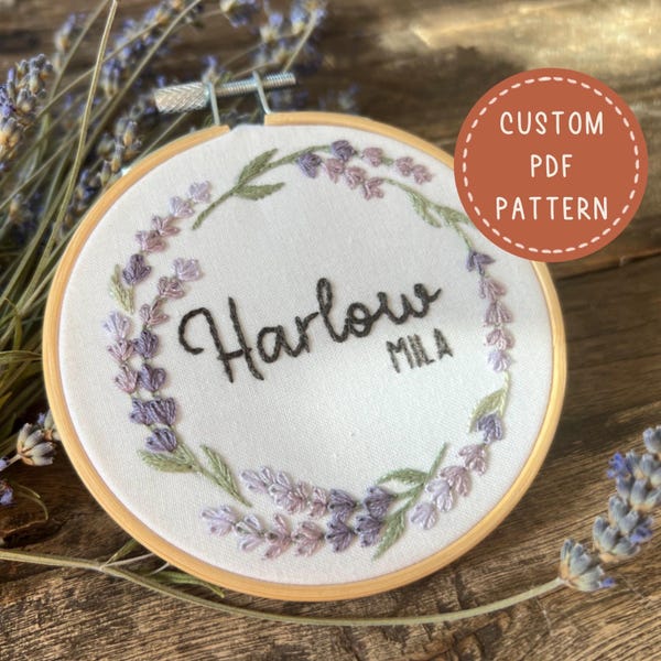 Patrón de bordado personalizado con nombre de corona de lavanda: Anuncio de nacimiento (patrón PDF)