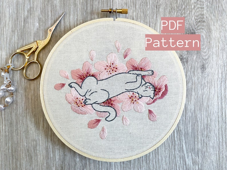 Embroidery PDF Pattern, Sakura Neko, Cherry Blossom Embroidery, Cat Embroidery Pattern, Sakura Blossom, Japan Inspired, Flower Embroidery image 1