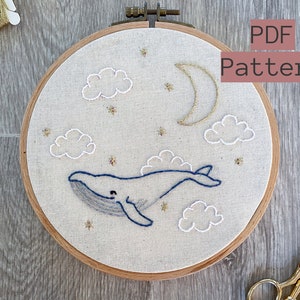 Embroidery PDF Pattern, Star Surfer, Whale Embroidery, Nursery Hand Embroidery, Digital Pattern, Moon Embroidery, Baby Shower Gift