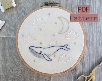 Embroidery PDF Pattern, Star Surfer, Whale Embroidery, Nursery Hand Embroidery, Digital Pattern, Moon Embroidery, Baby Shower Gift