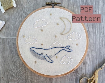 Embroidery PDF Pattern, Star Surfer, Whale Embroidery, Nursery Hand Embroidery, Digital Pattern, Moon Embroidery, Baby Shower Gift