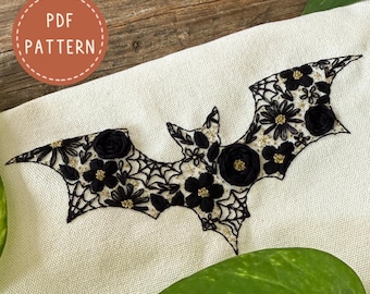 Flower Bat Halloween Hand Embroidery Pattern: Fall Floral Design (PDF Pattern)