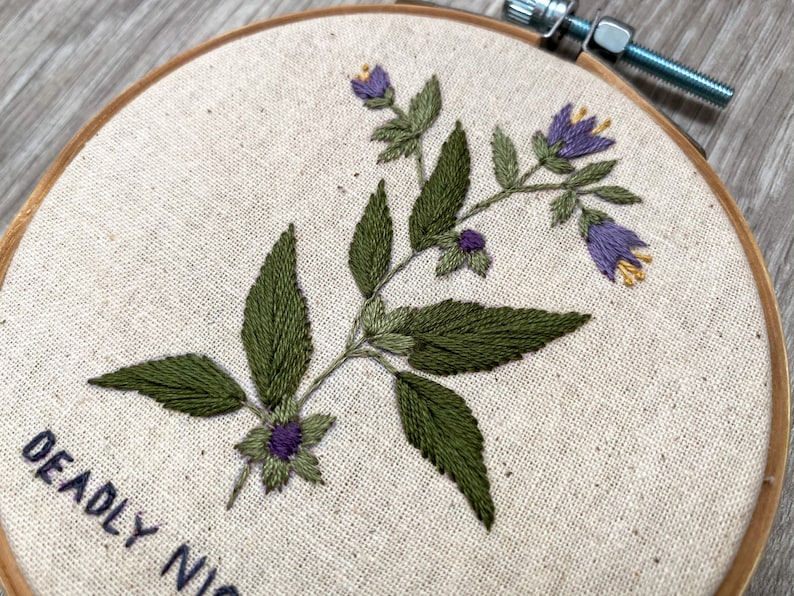 May include: Embroidered hoop art featuring a green plant with purple flowers and the text "DEADLY NIGHT" at the bottom.
