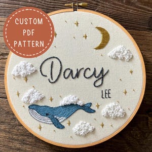 Star Surfer Whale Custom Name Embroidery PDF Pattern: Baby Birth Announcement