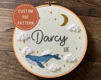 Star Surfer Whale Custom Name Embroidery PDF Pattern: Baby Birth Announcement