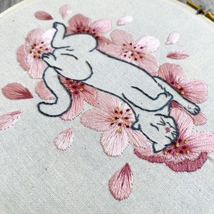 Embroidery PDF Pattern, Sakura Neko, Cherry Blossom Embroidery, Cat Embroidery Pattern, Sakura Blossom, Japan Inspired, Flower Embroidery image 2
