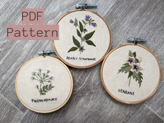 Witch Herbs Halloween Embroidery Pattern Set: Deadly Nightshade, Hemlock, Henbane (PDF)