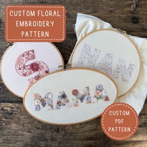 Padrão de bordado de letras de flores personalizadas, bordado de alfabeto de flores, padrão de bordado personalizado, bordado de flores, presente de Dia das Mães, nova mamãe