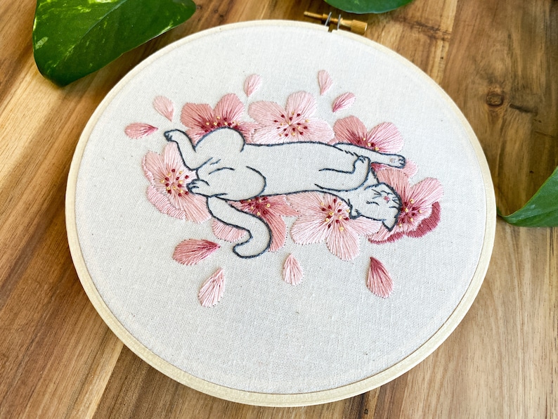 Embroidery PDF Pattern, Sakura Neko, Cherry Blossom Embroidery, Cat Embroidery Pattern, Sakura Blossom, Japan Inspired, Flower Embroidery image 5