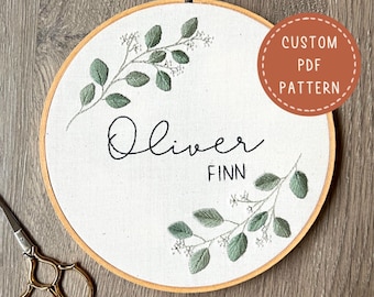 Eucalyptus Leaf Custom Name Embroidery PDF Pattern: Baby Birth Announcement
